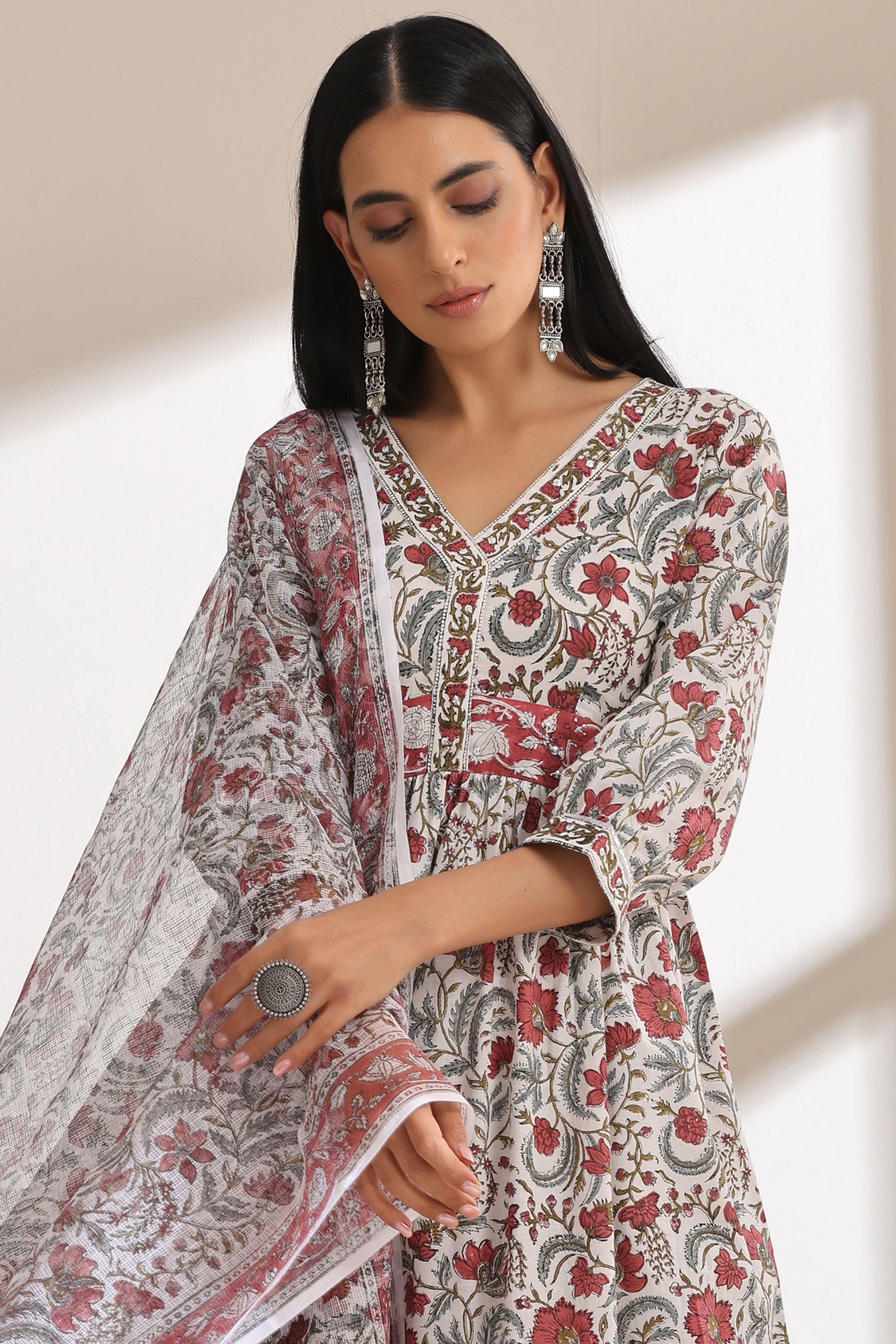 White Chintz Embroidered Anarkali Set of 3
