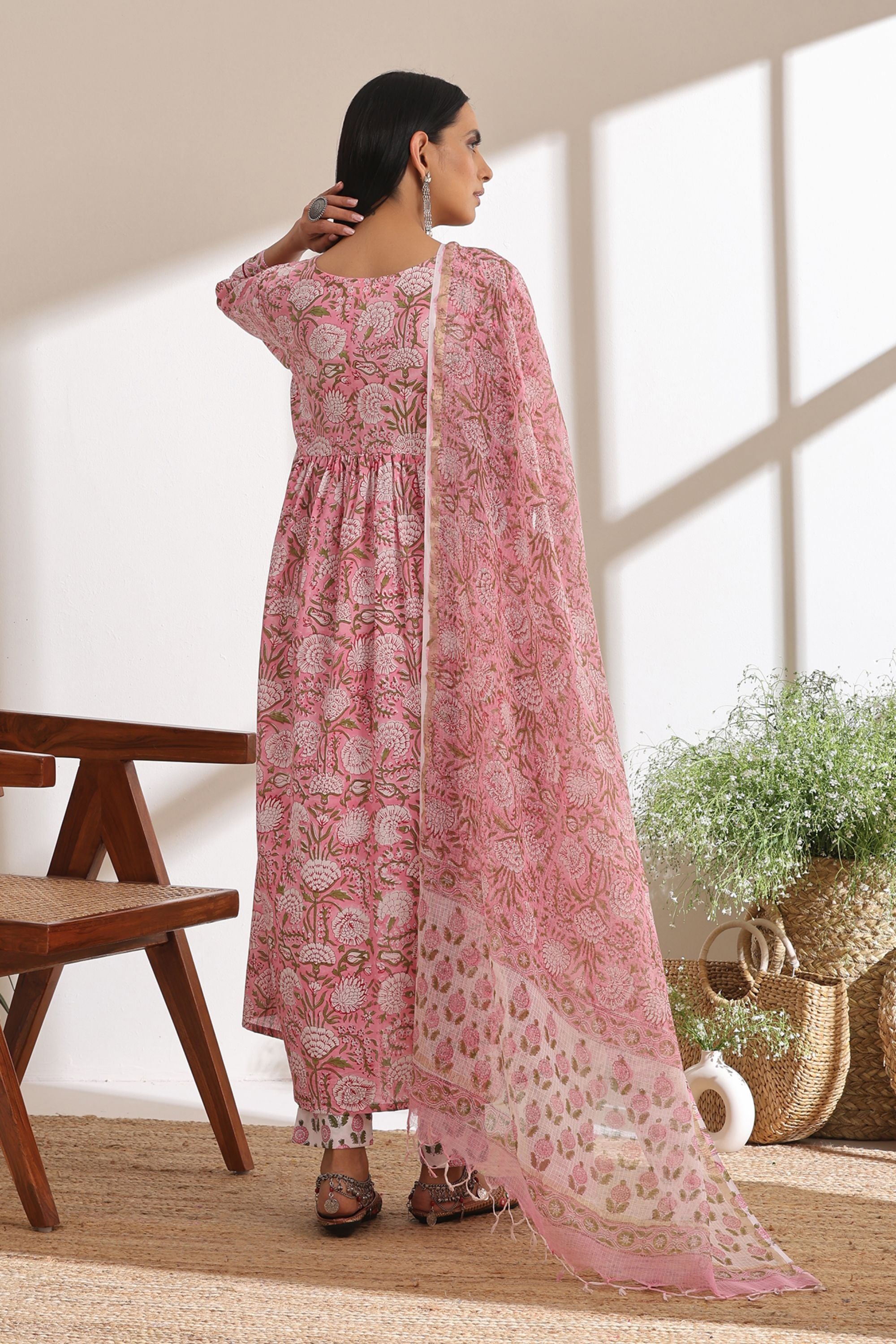 Primrose Pink Gathered Mirrorwork Kurta Set of 3