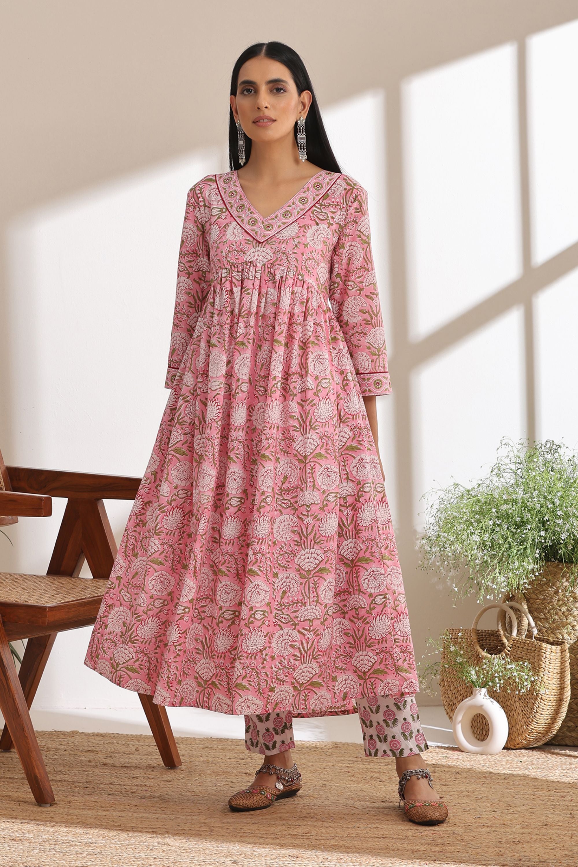Primrose Pink Gathered Mirrorwork Kurta Set of 3