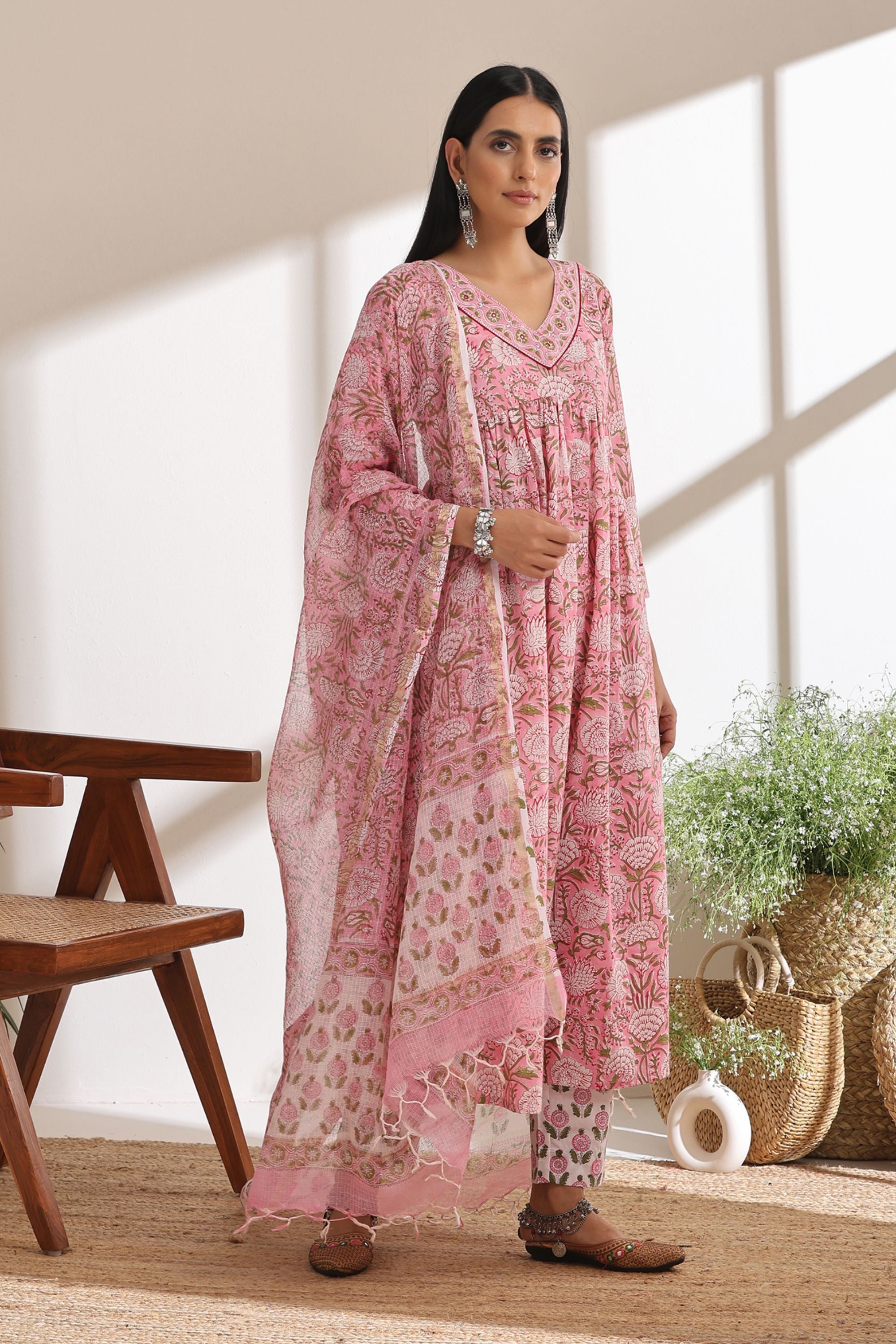 Primrose Pink Gathered Mirrorwork Kurta Set of 3