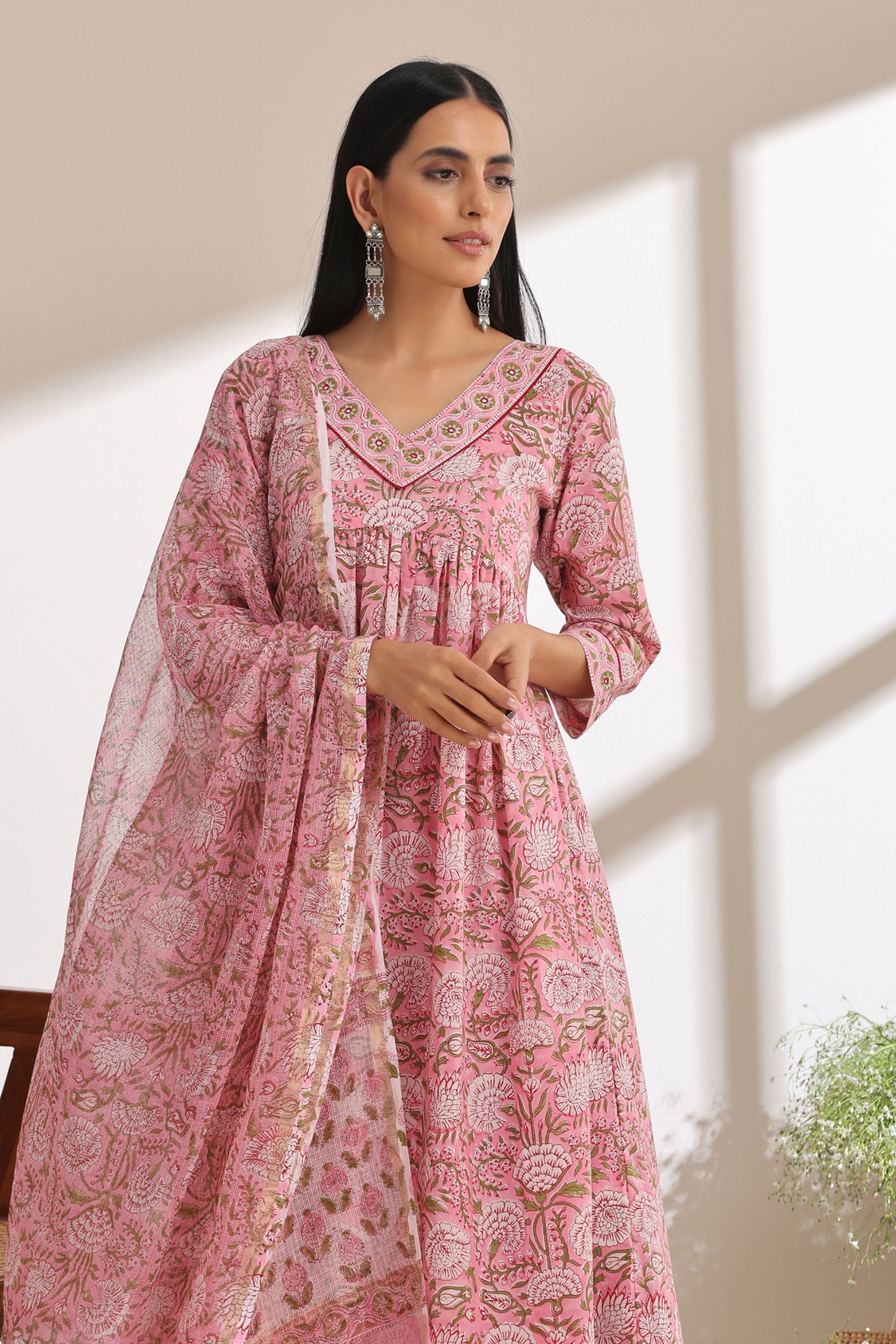Primrose Pink Gathered Mirrorwork Kurta Set of 3