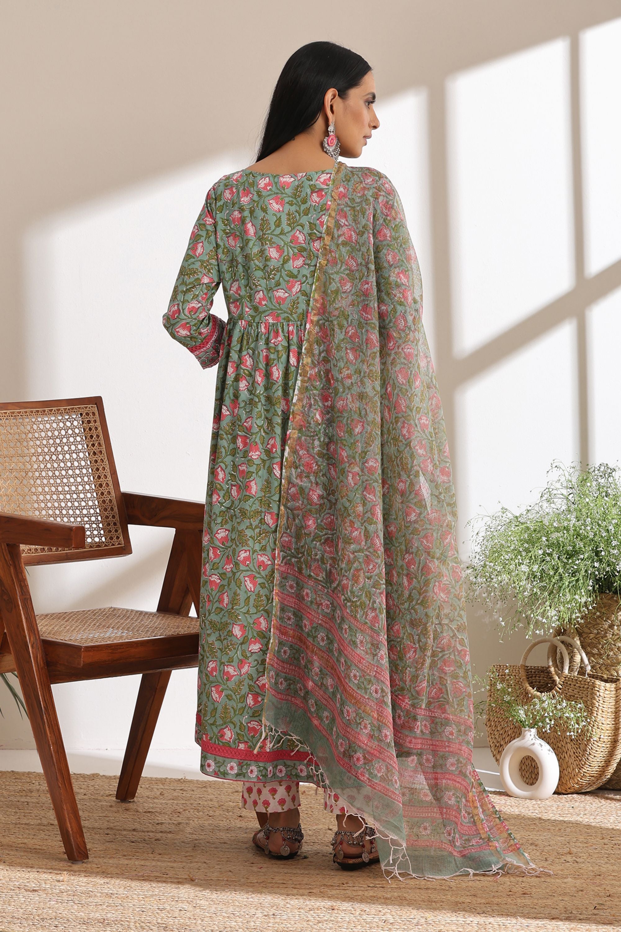 Shamrock Green Embroidered Anarkali Set of 3