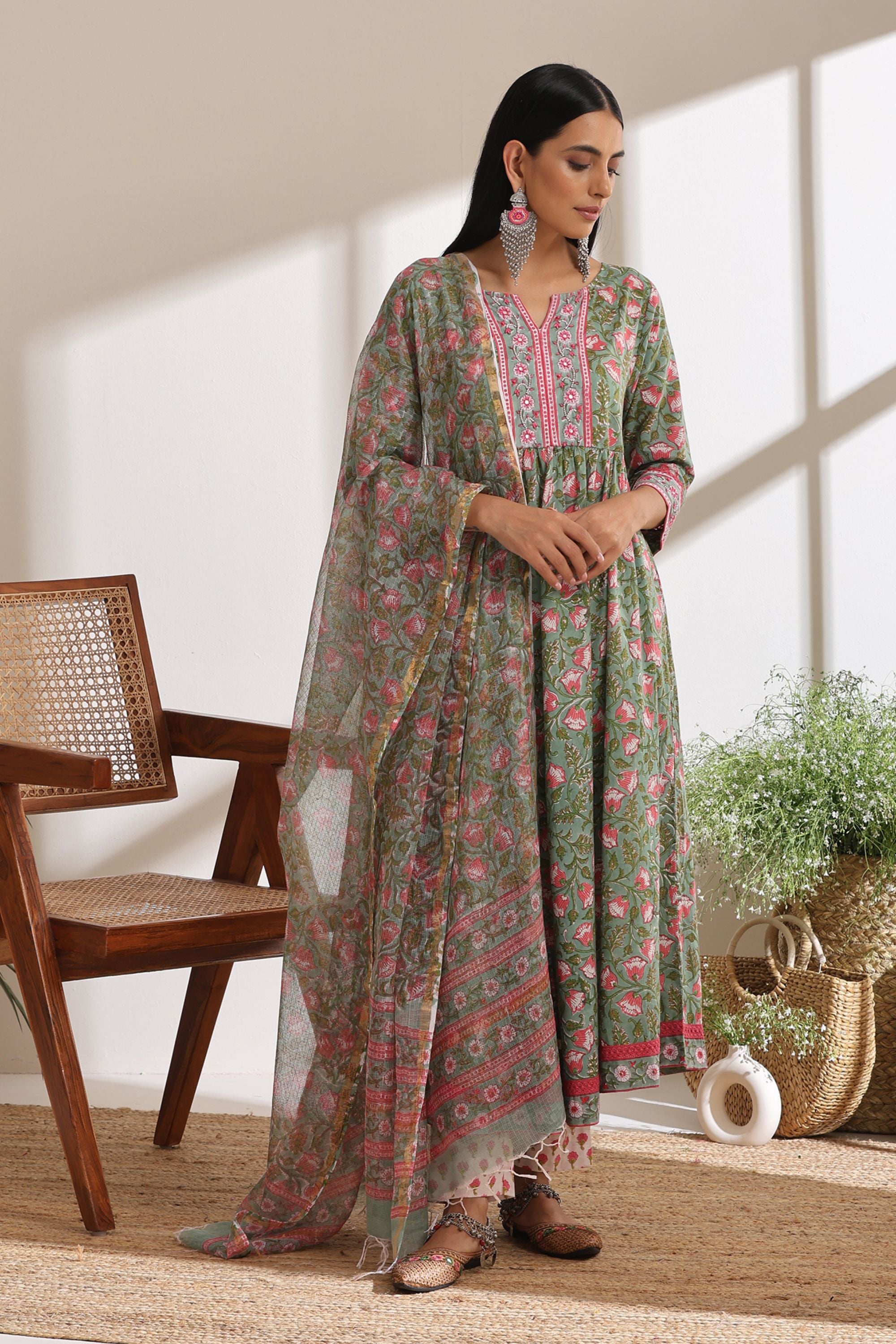 Shamrock Green Embroidered Anarkali Set of 3