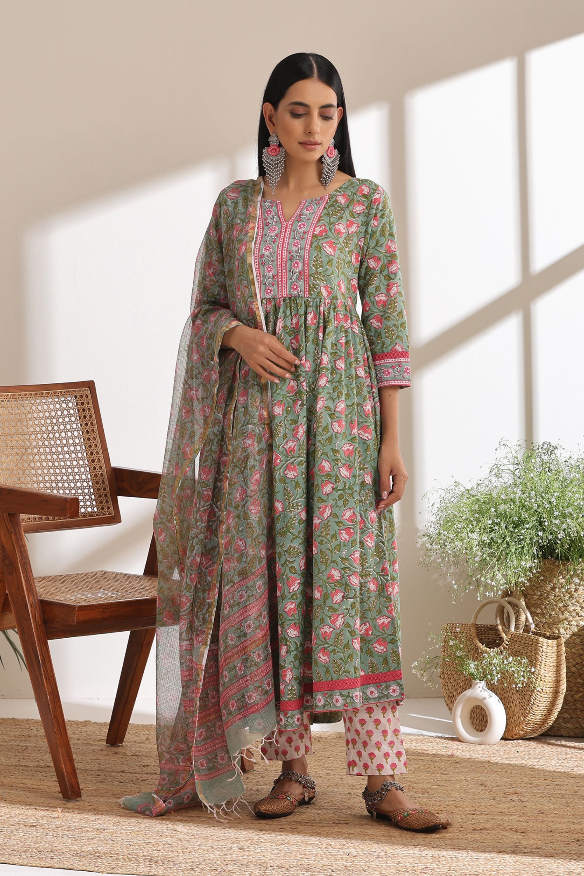 Shamrock Green Embroidered Anarkali Set of 3