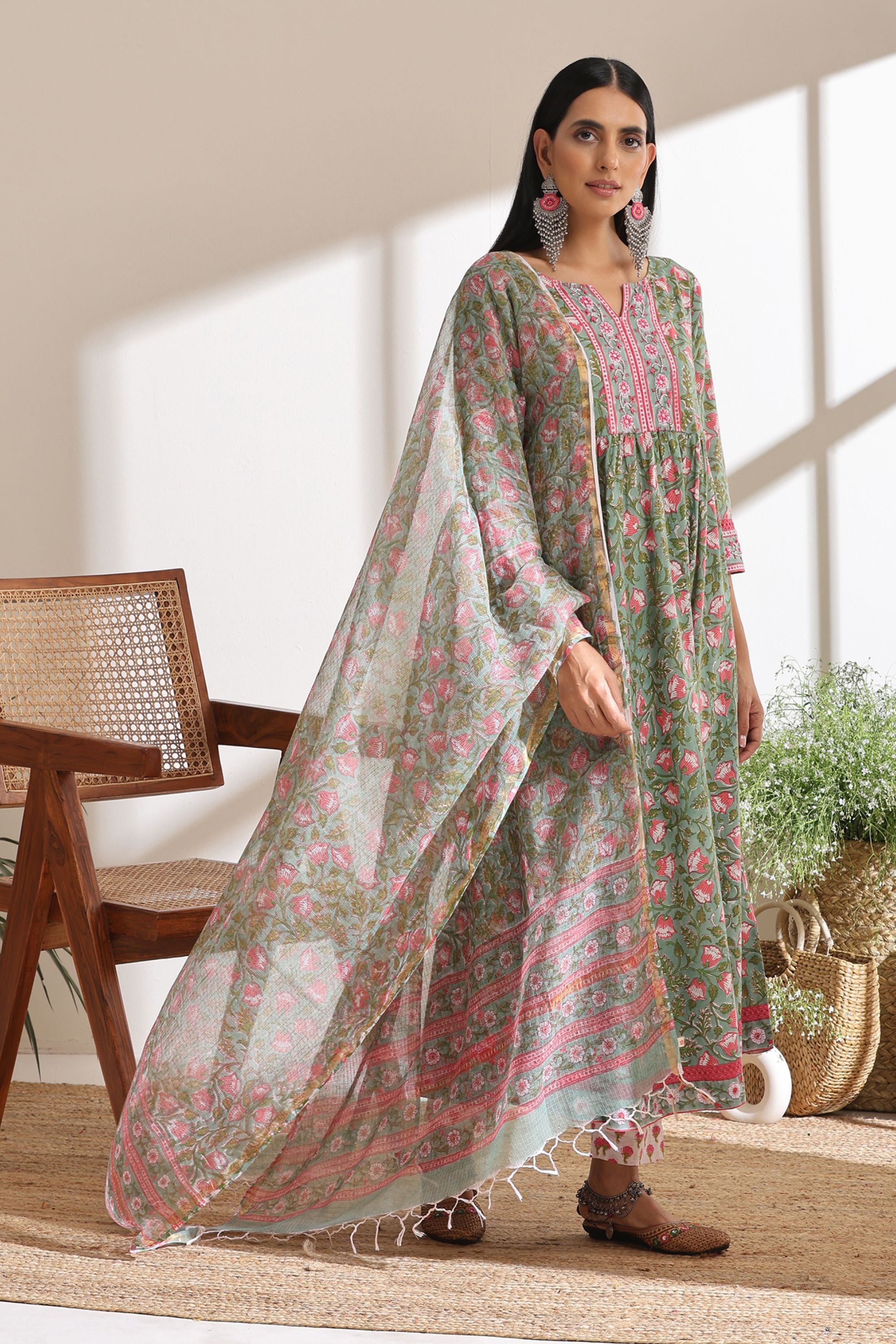 Shamrock Green Embroidered Anarkali Set of 3