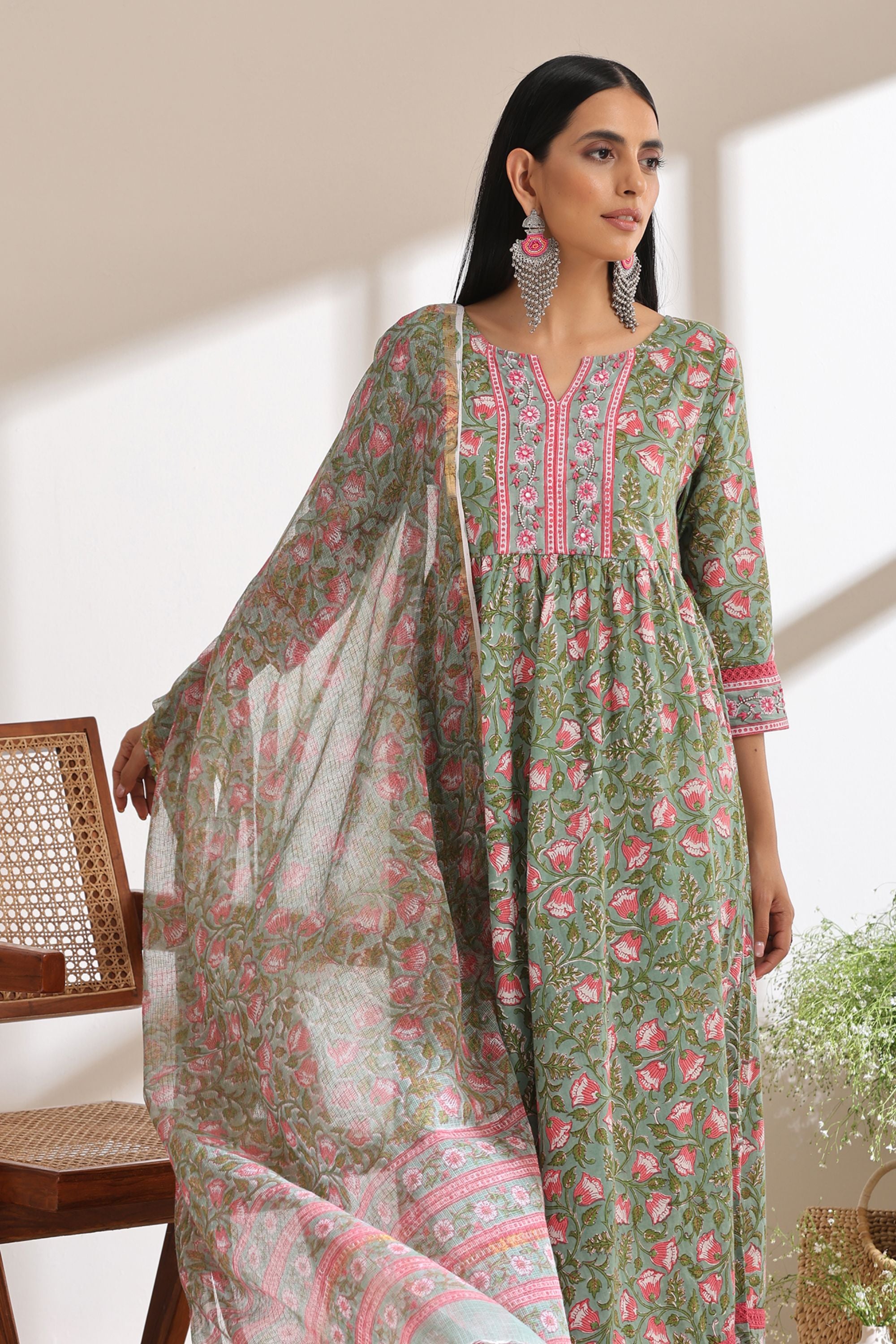 Shamrock Green Embroidered Anarkali Set of 3
