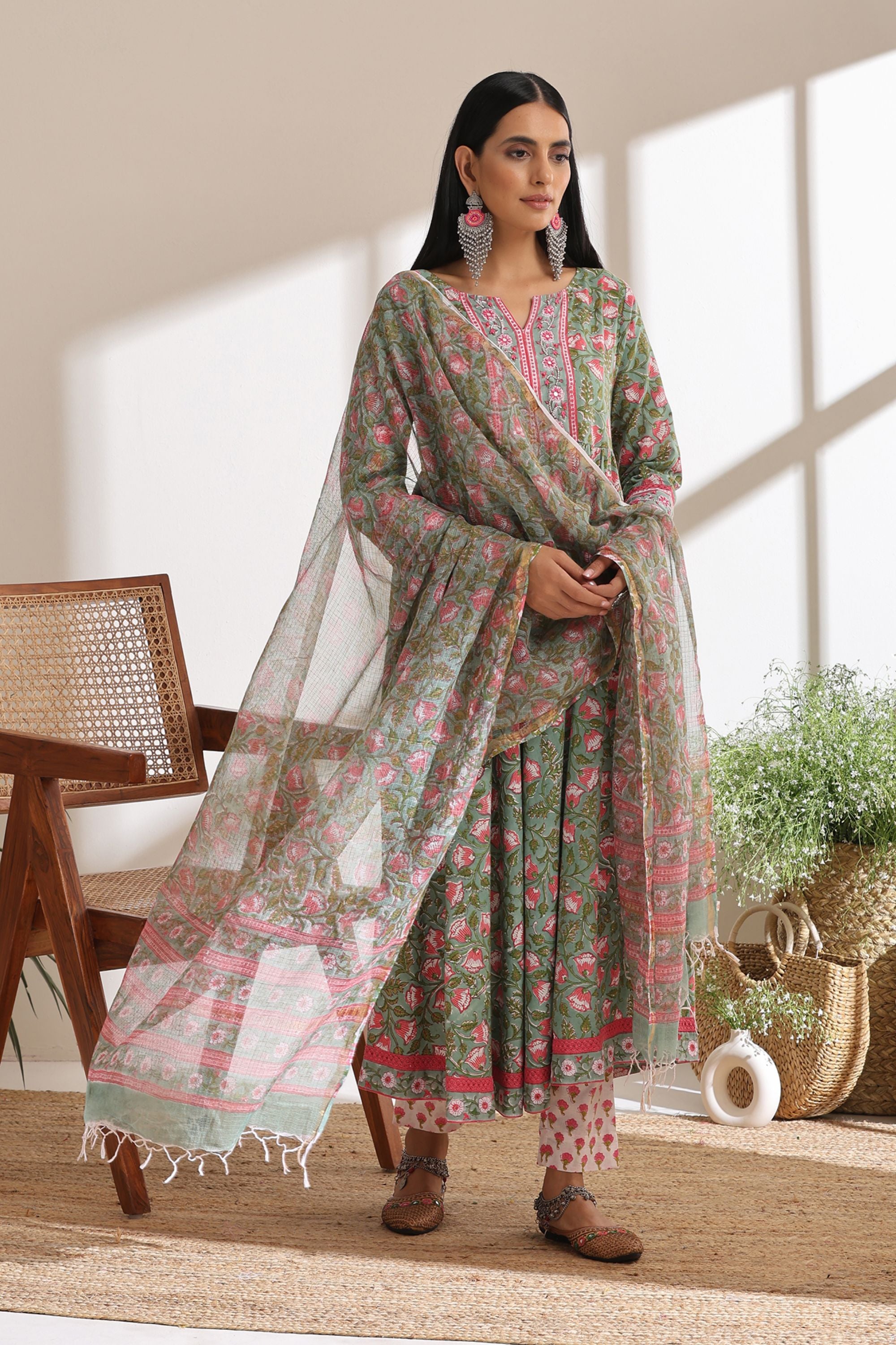 Shamrock Green Embroidered Anarkali Set of 3