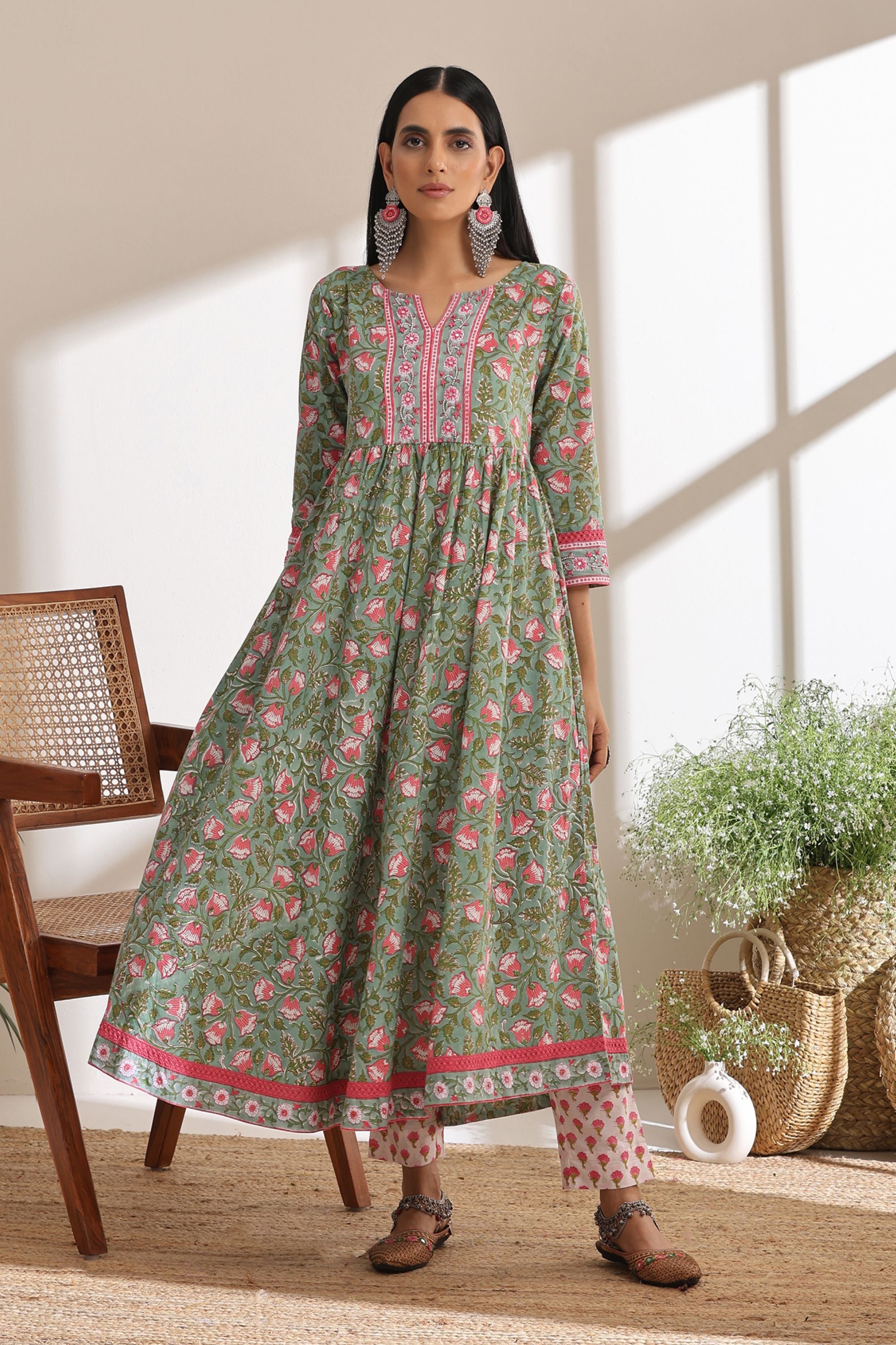 Shamrock Green Embroidered Anarkali Set of 3