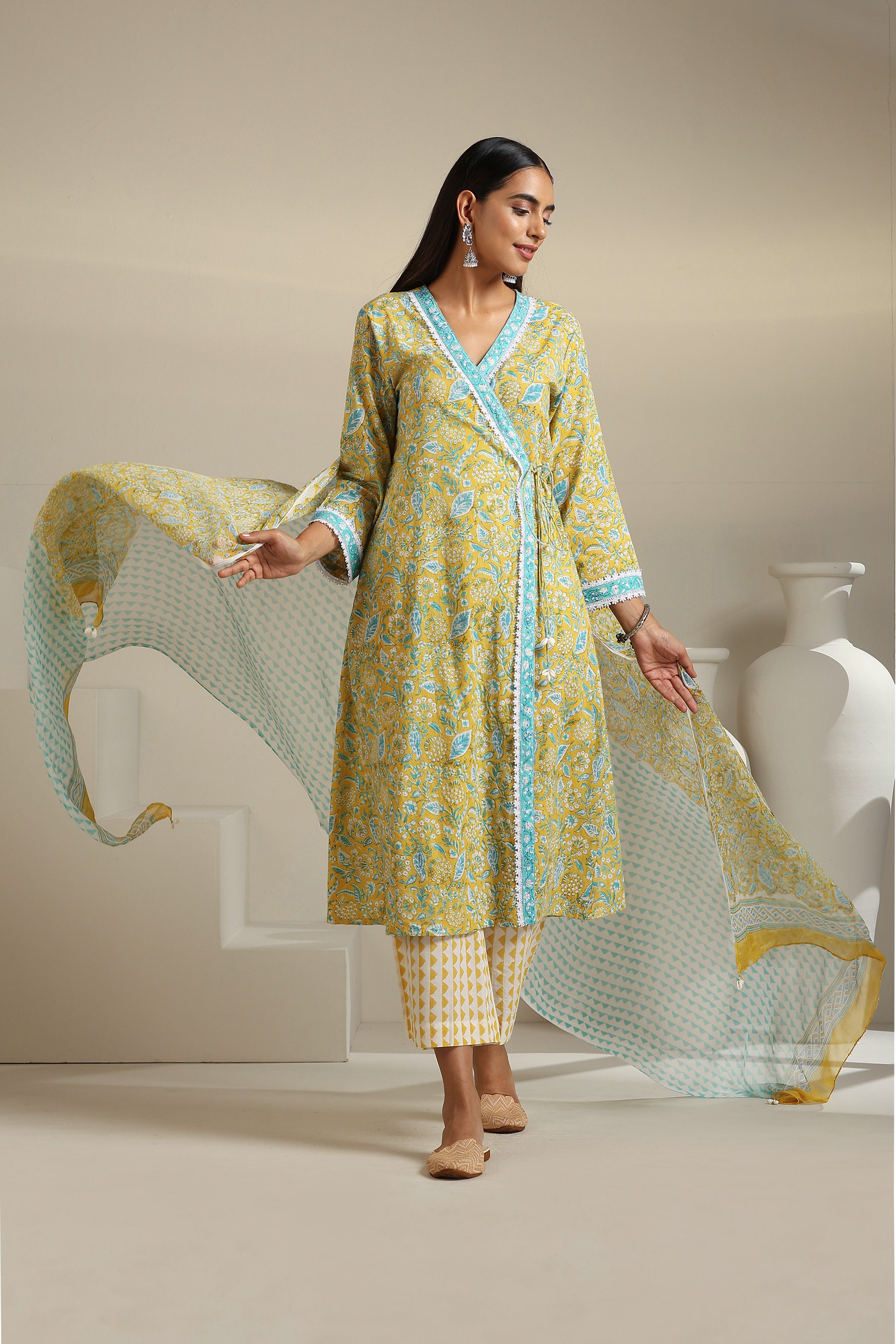 Canary Yellow Floral Angrakha Set of 3