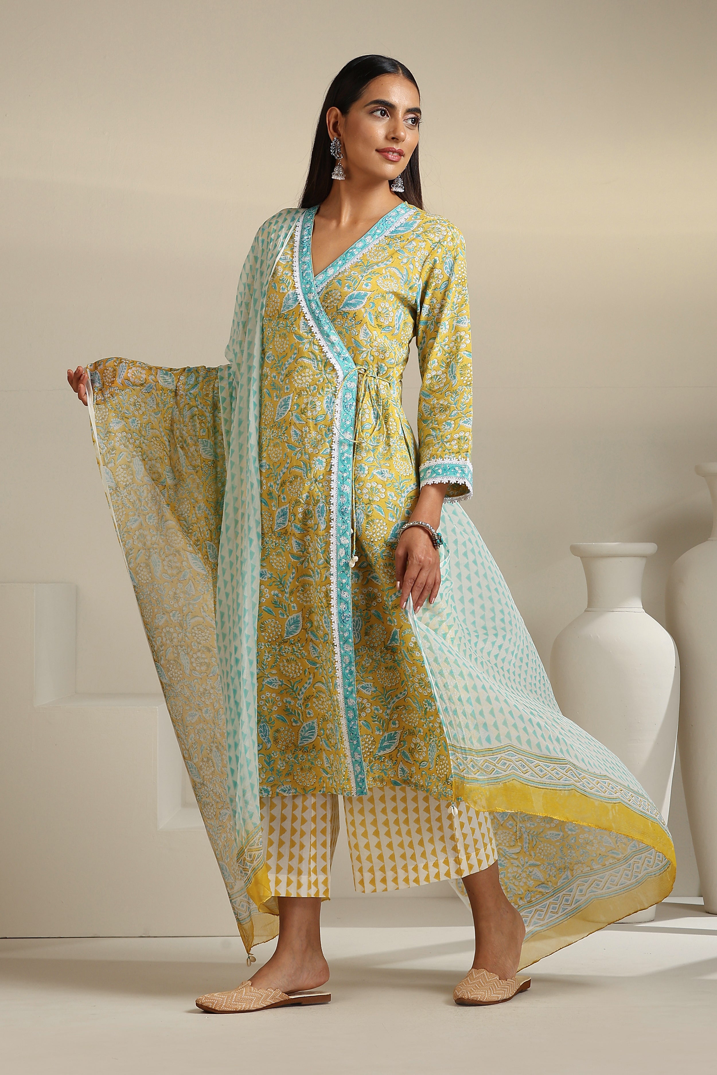Canary Yellow Floral Angrakha Set of 3
