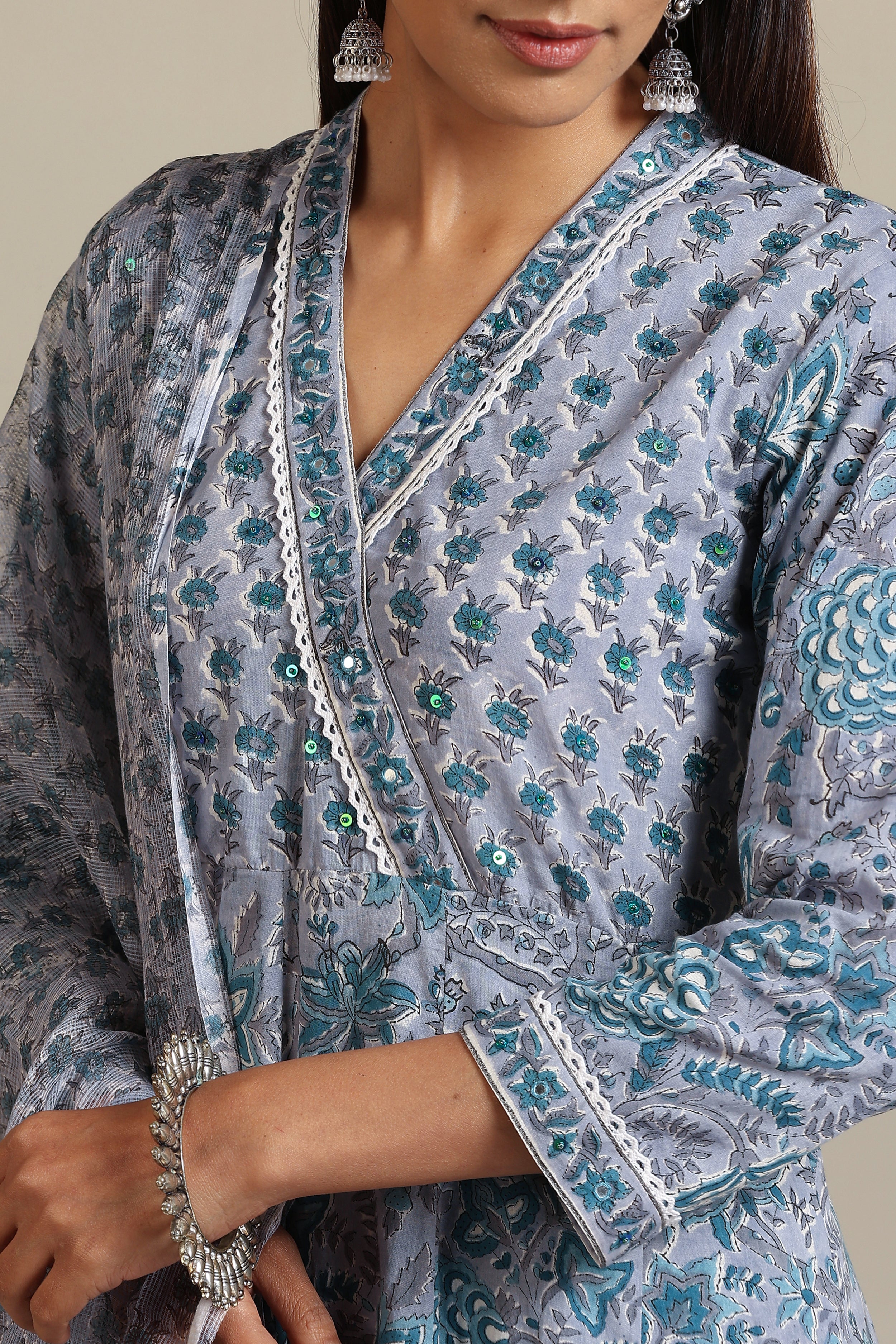 Grey Aquamarine Embroidered Anarkali Set of 3