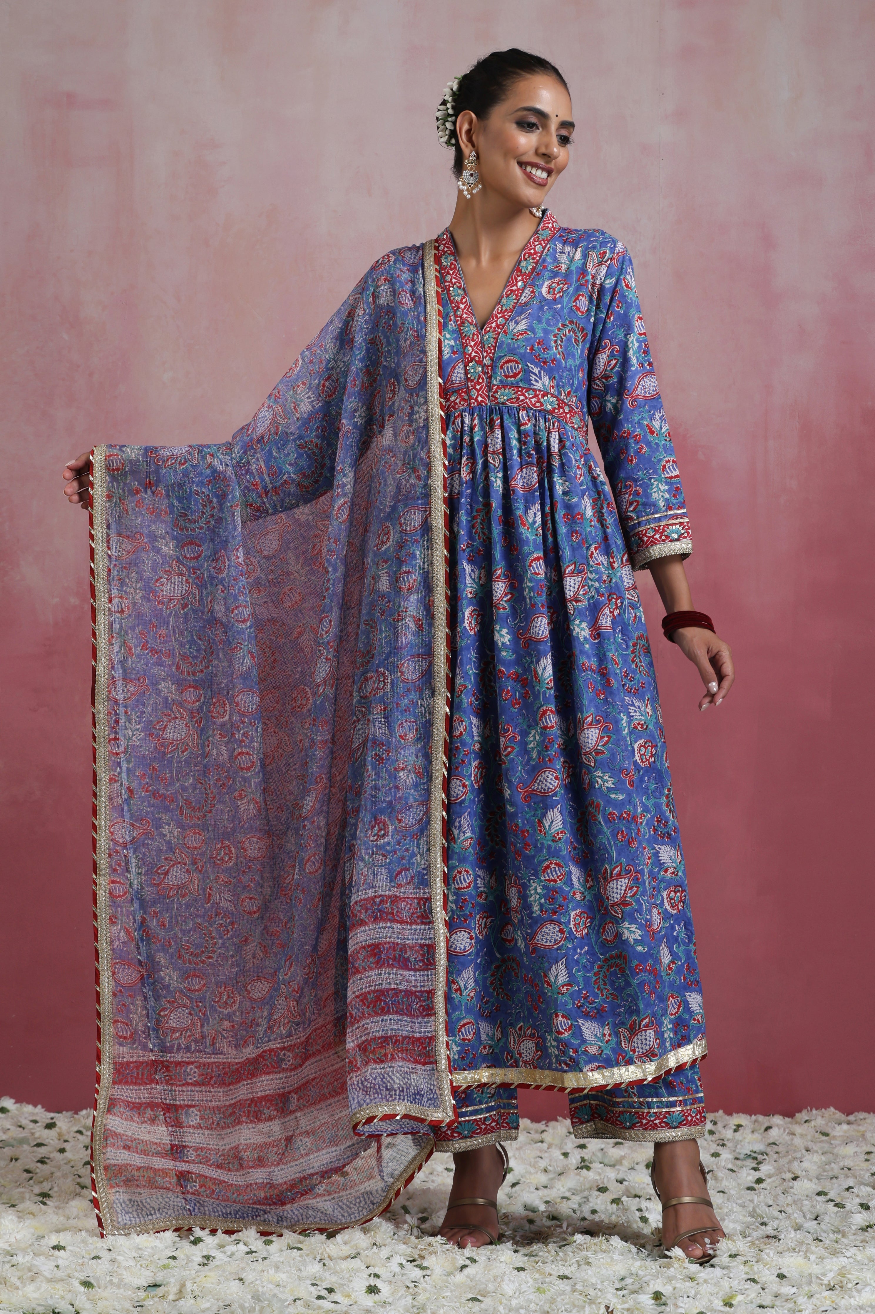 Blue Ziana Embroidered Anarkali Set of 3