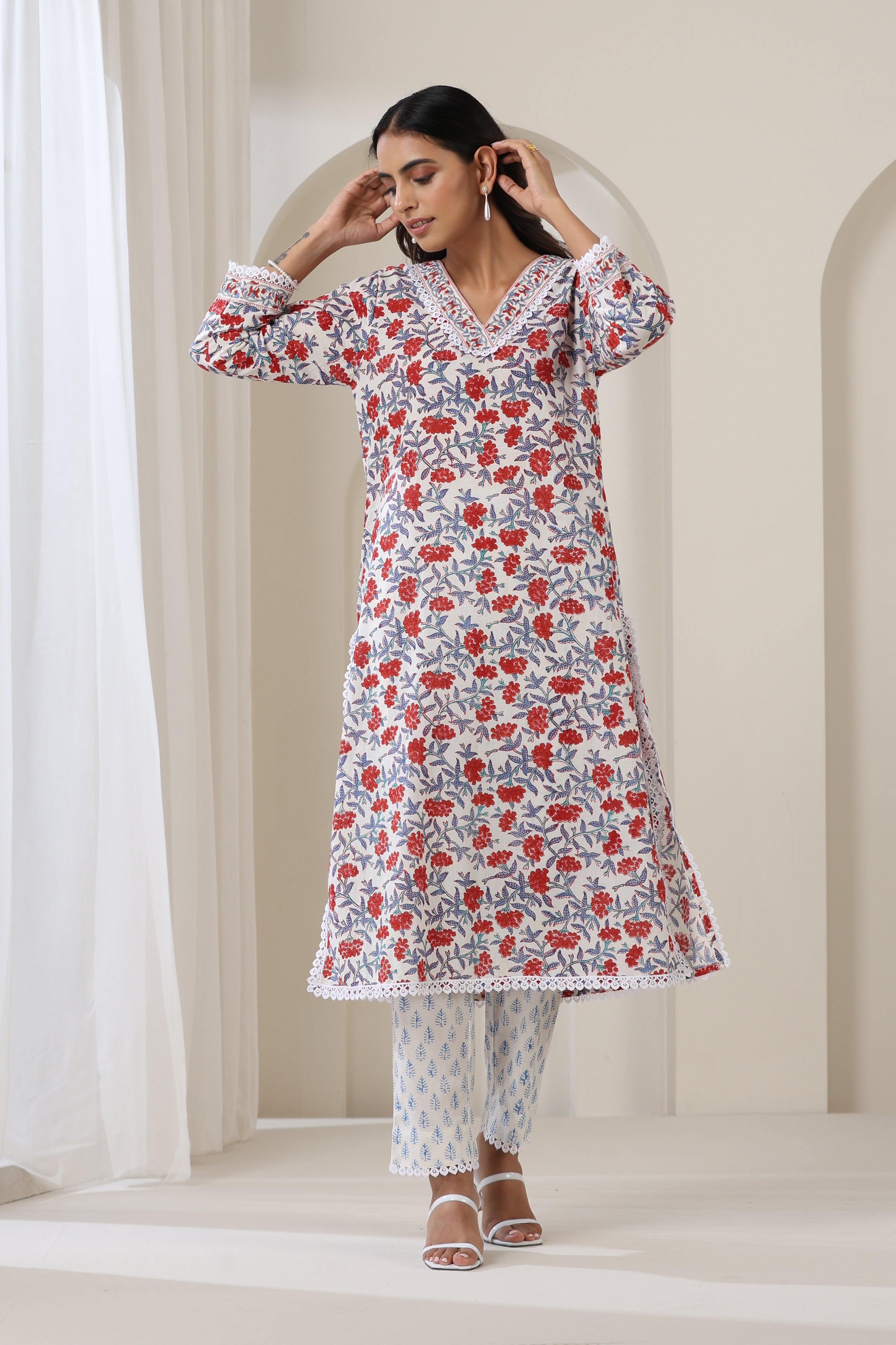 Red Cherry Floral Kurta Set of 3