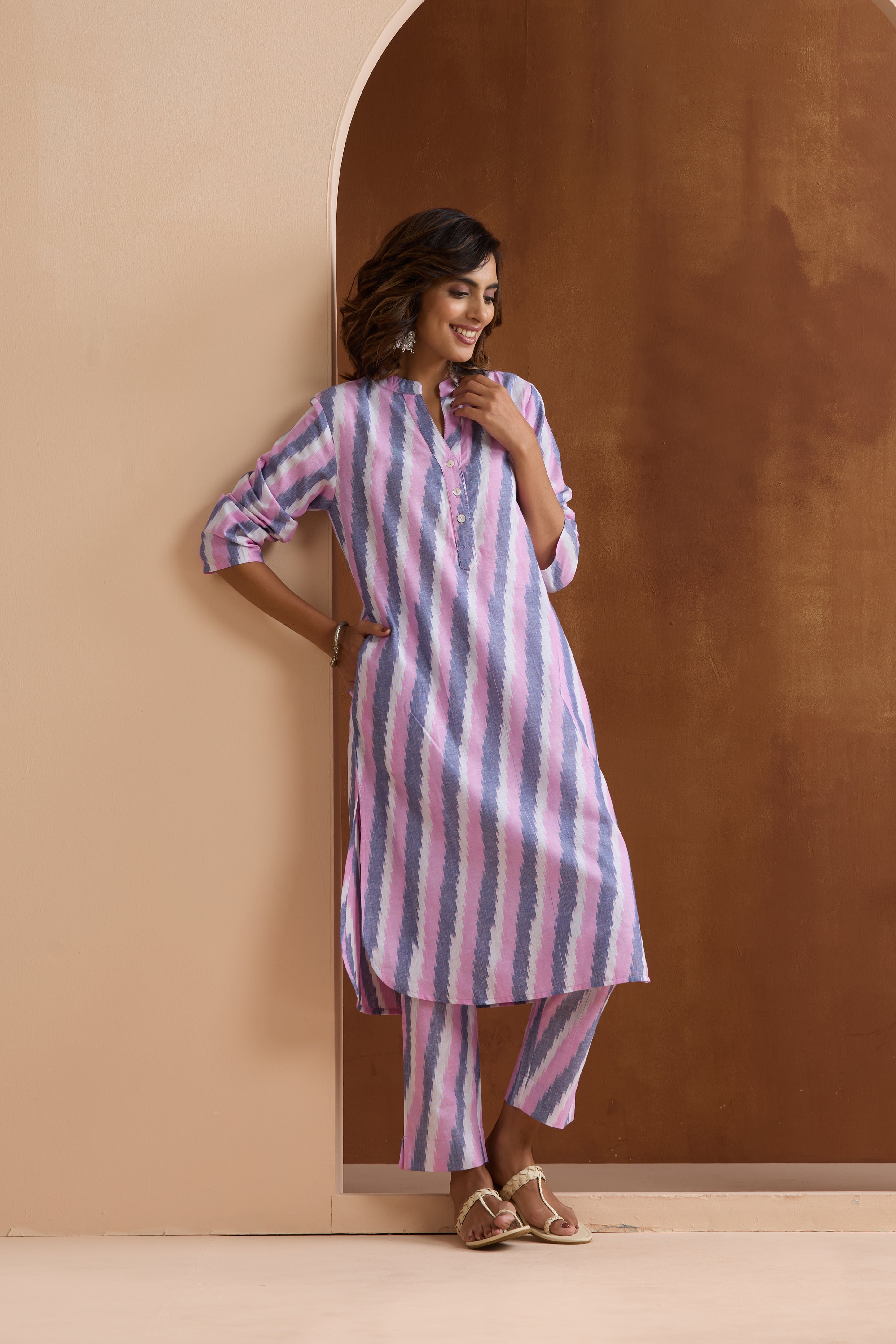 Delicate Pink Ikat Handloom Cotton Kurta Set of 2