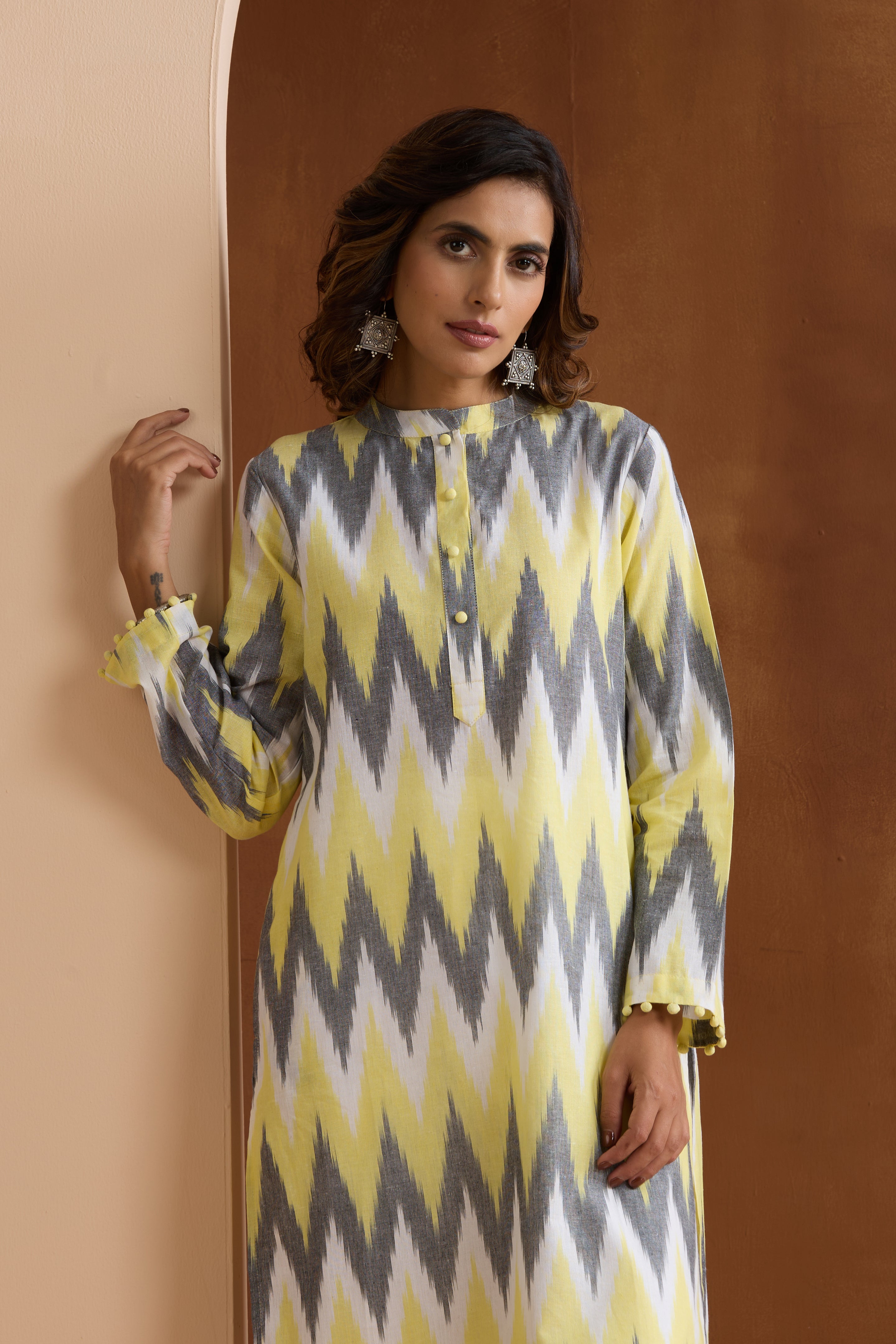 Yellow Posie Ikat Handloom Cotton Kurta