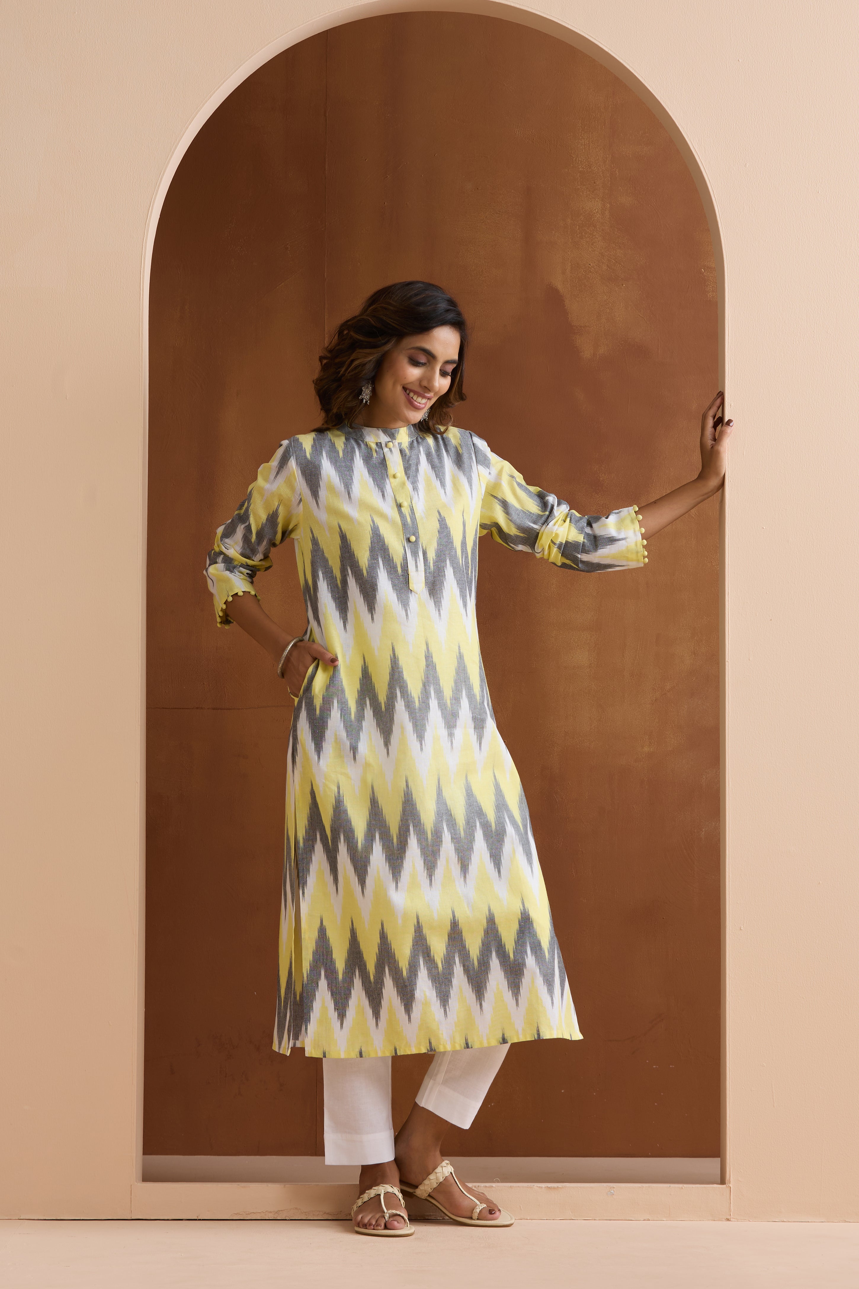 Yellow Posie Ikat Handloom Cotton Kurta Set of 2