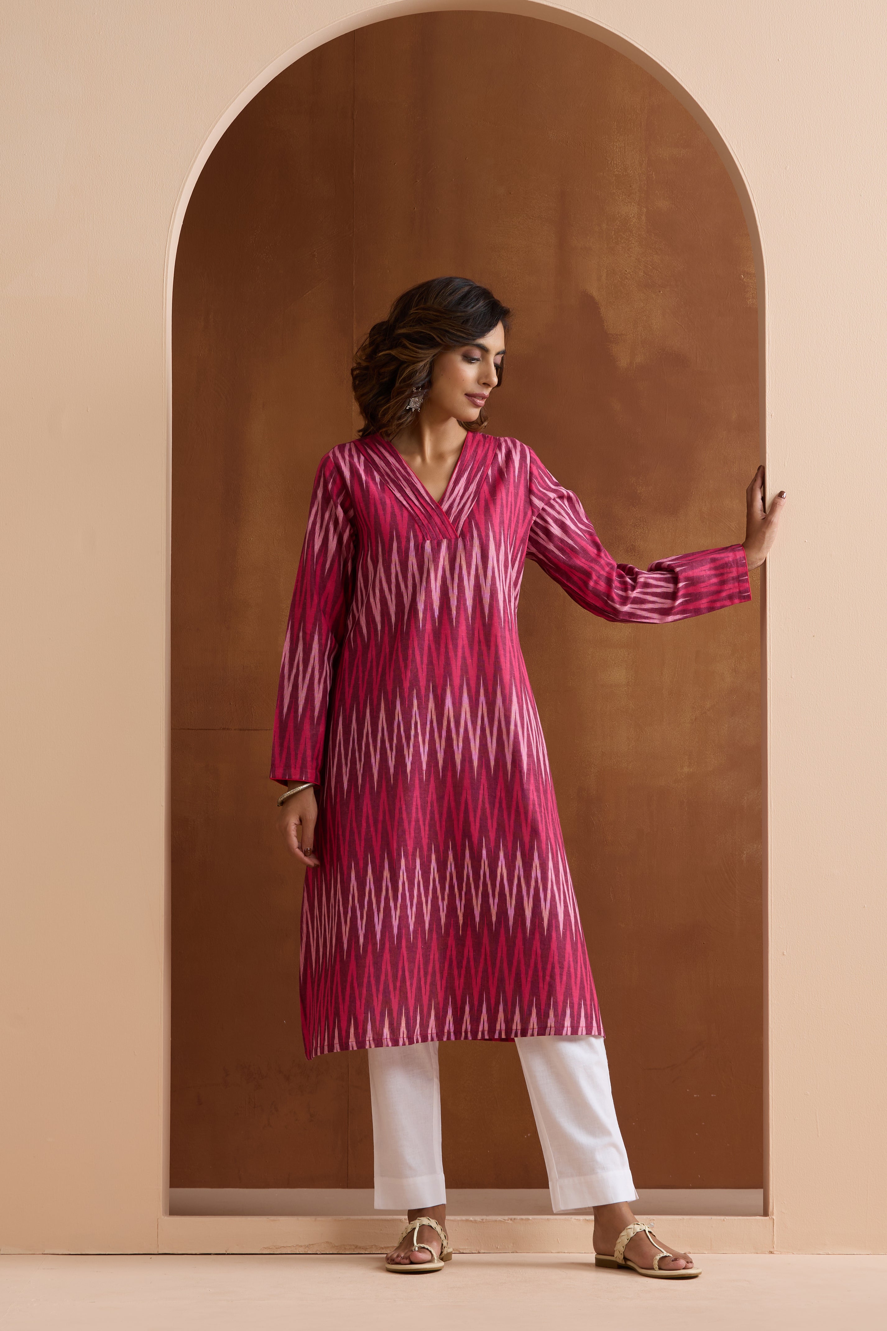 Maroon Carmine Ikat Handloom Cotton Kurta