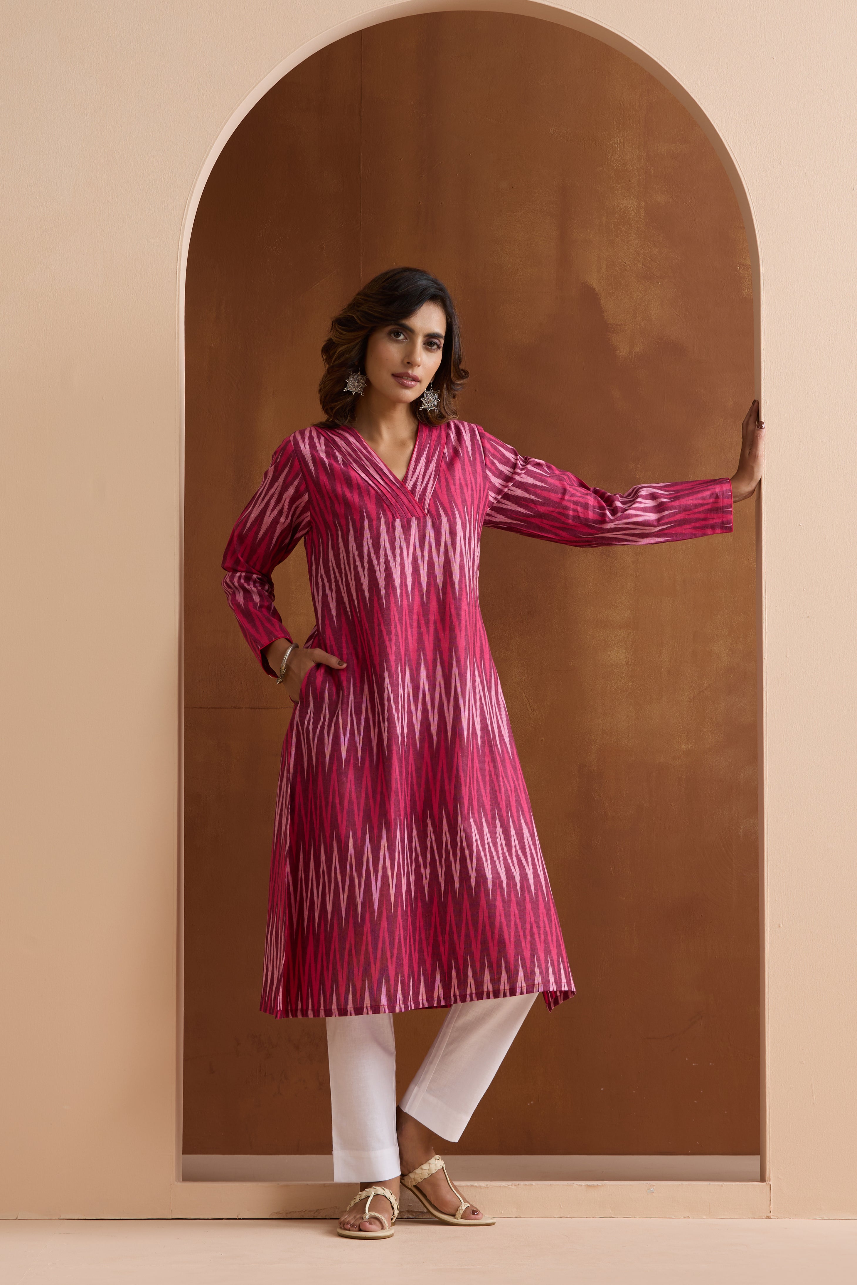 Maroon Carmine Ikat Handloom Cotton Kurta