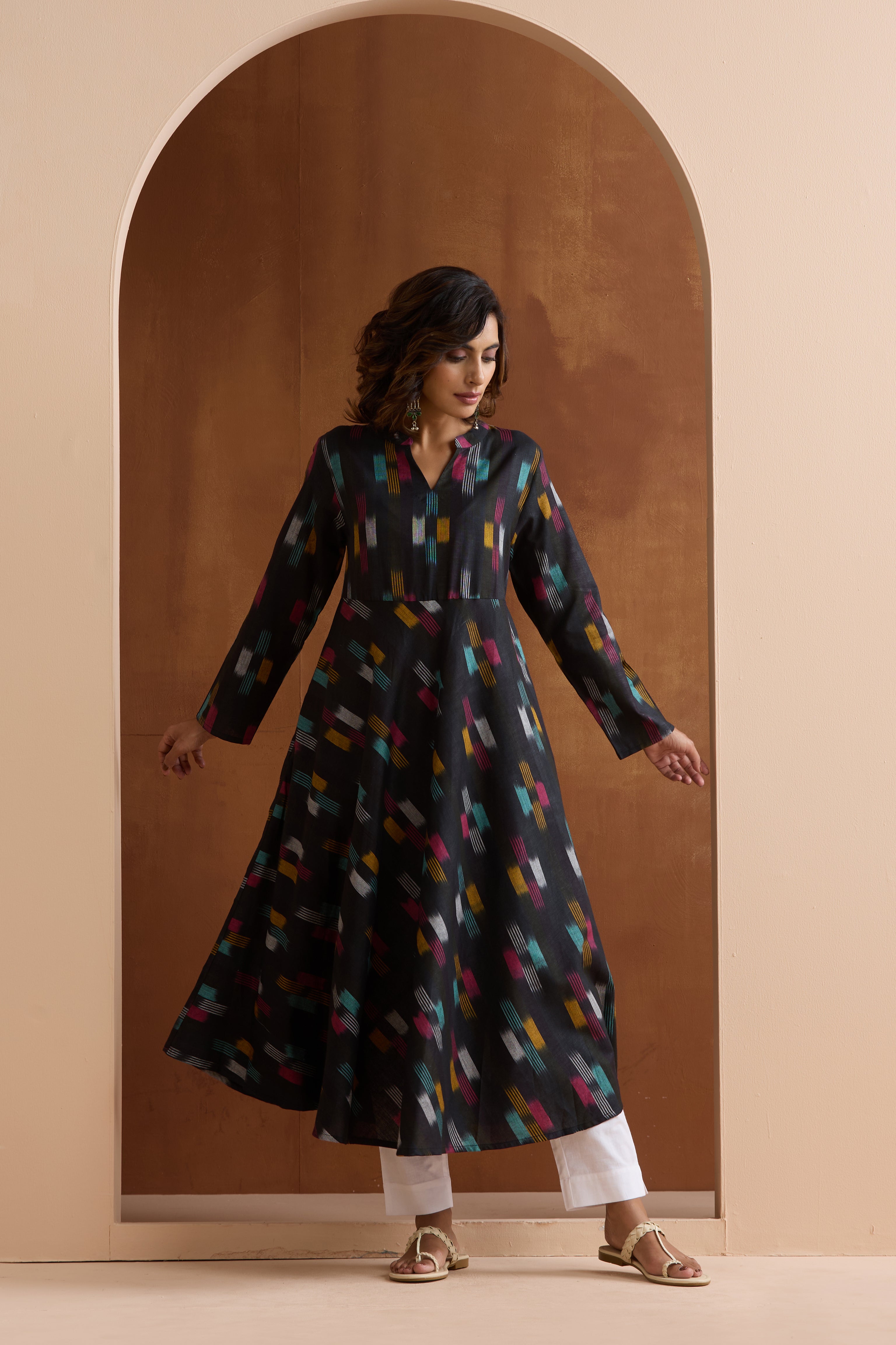 Ebony Black Ikat Handloom Cotton Anarkali Kurta