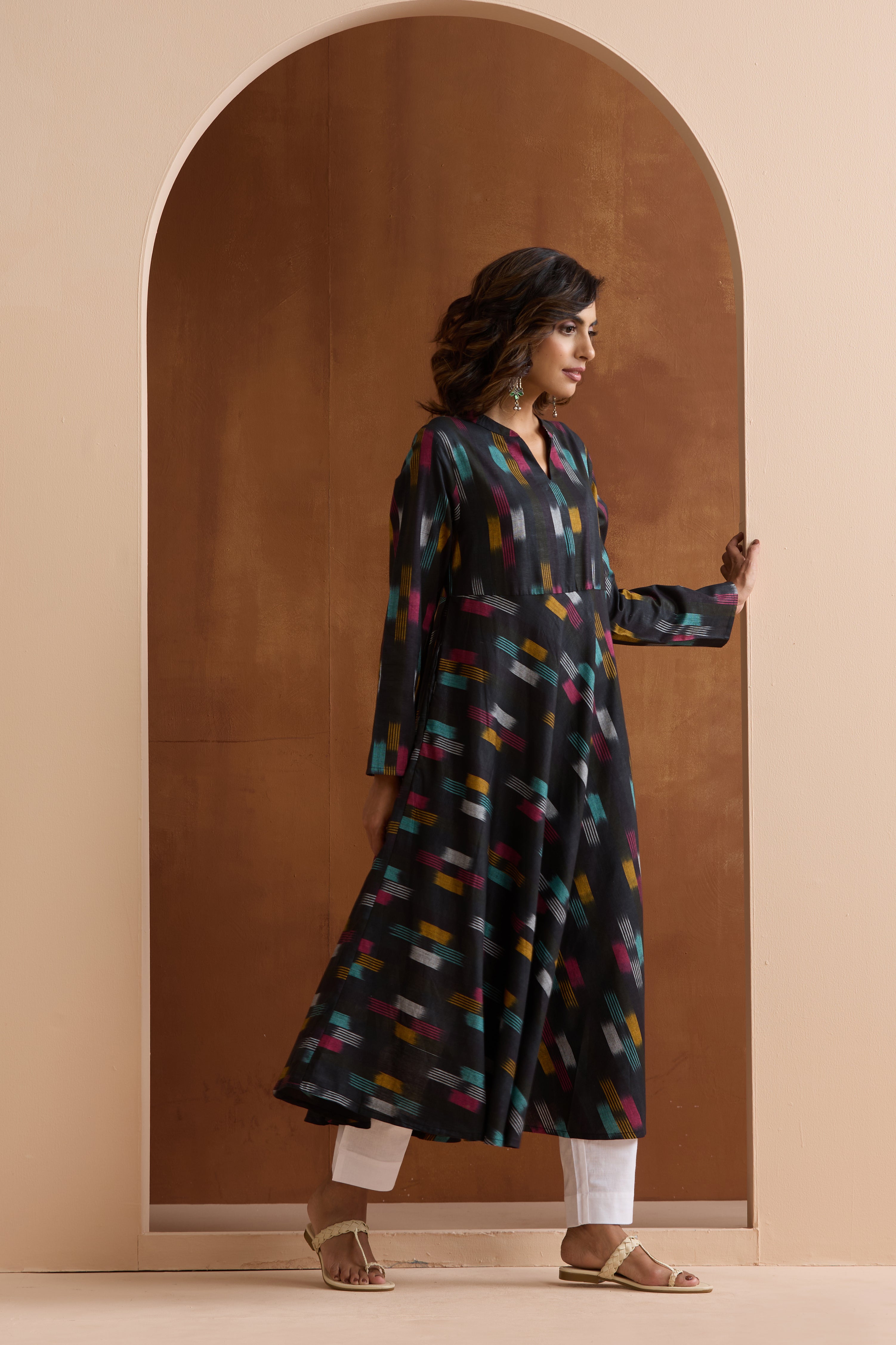 Ebony Black Ikat Handloom Cotton Anarkali Kurta