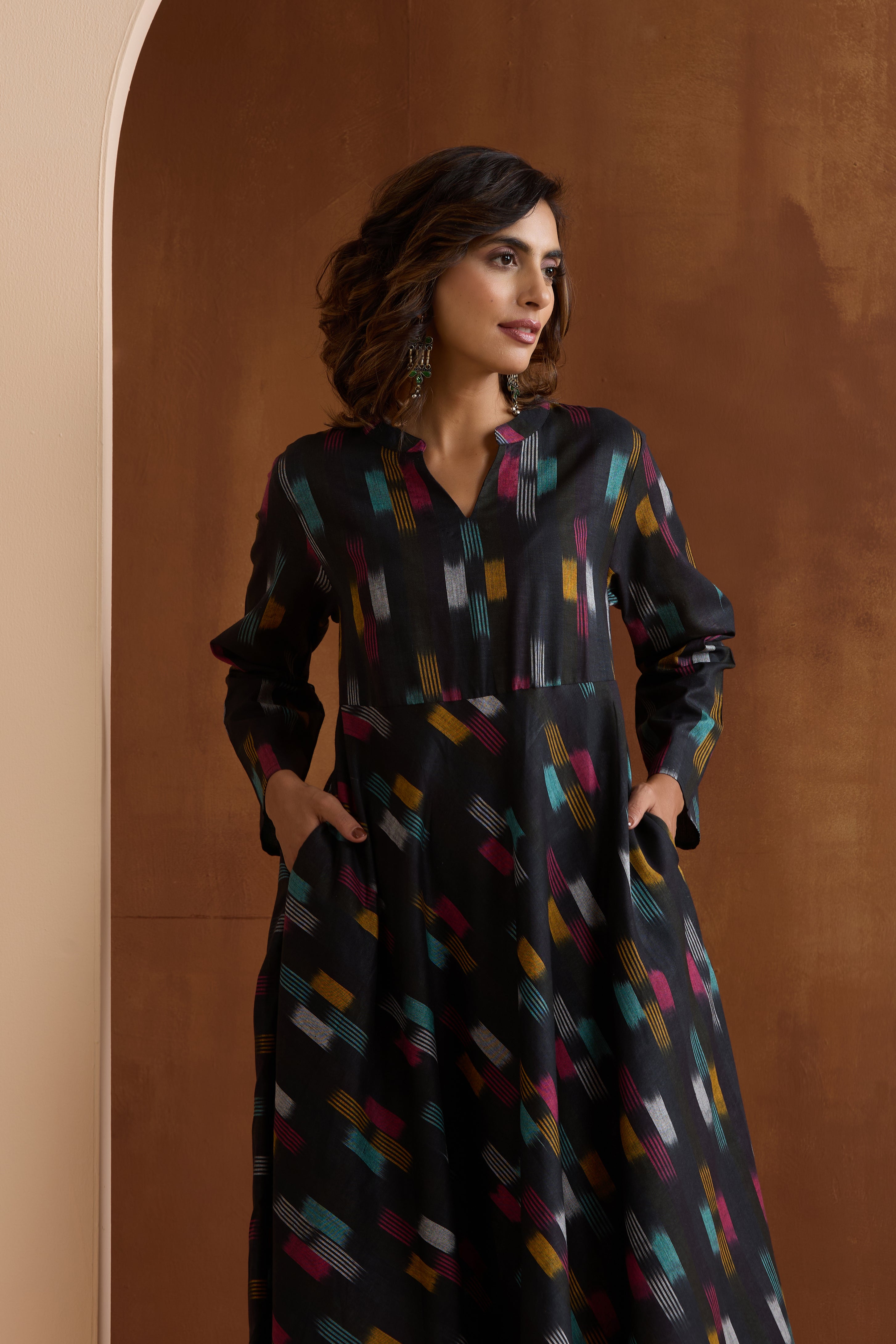 Ebony Black Ikat Handloom Cotton Anarkali Kurta