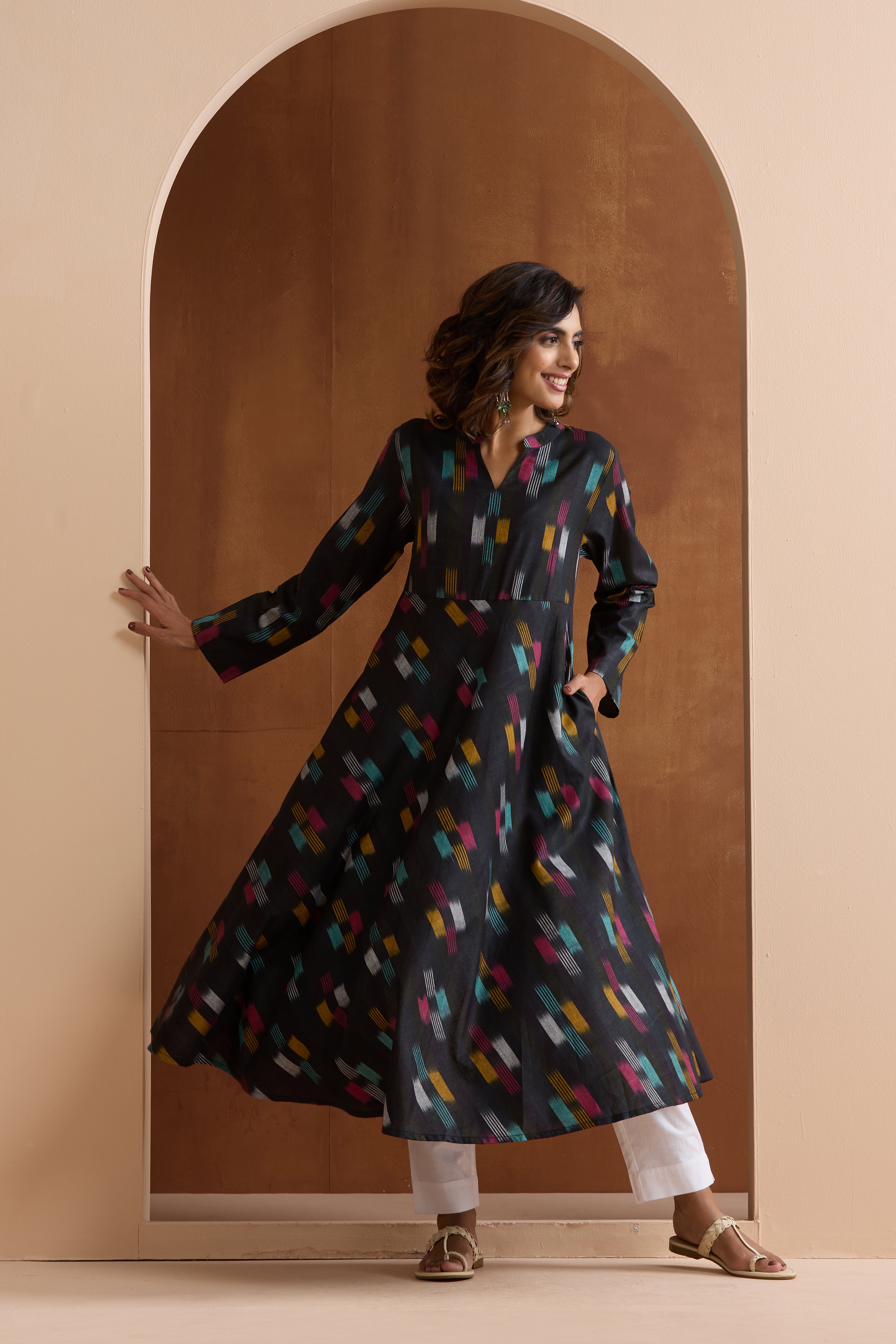 Ebony Black Ikat Handloom Cotton Anarkali Kurta