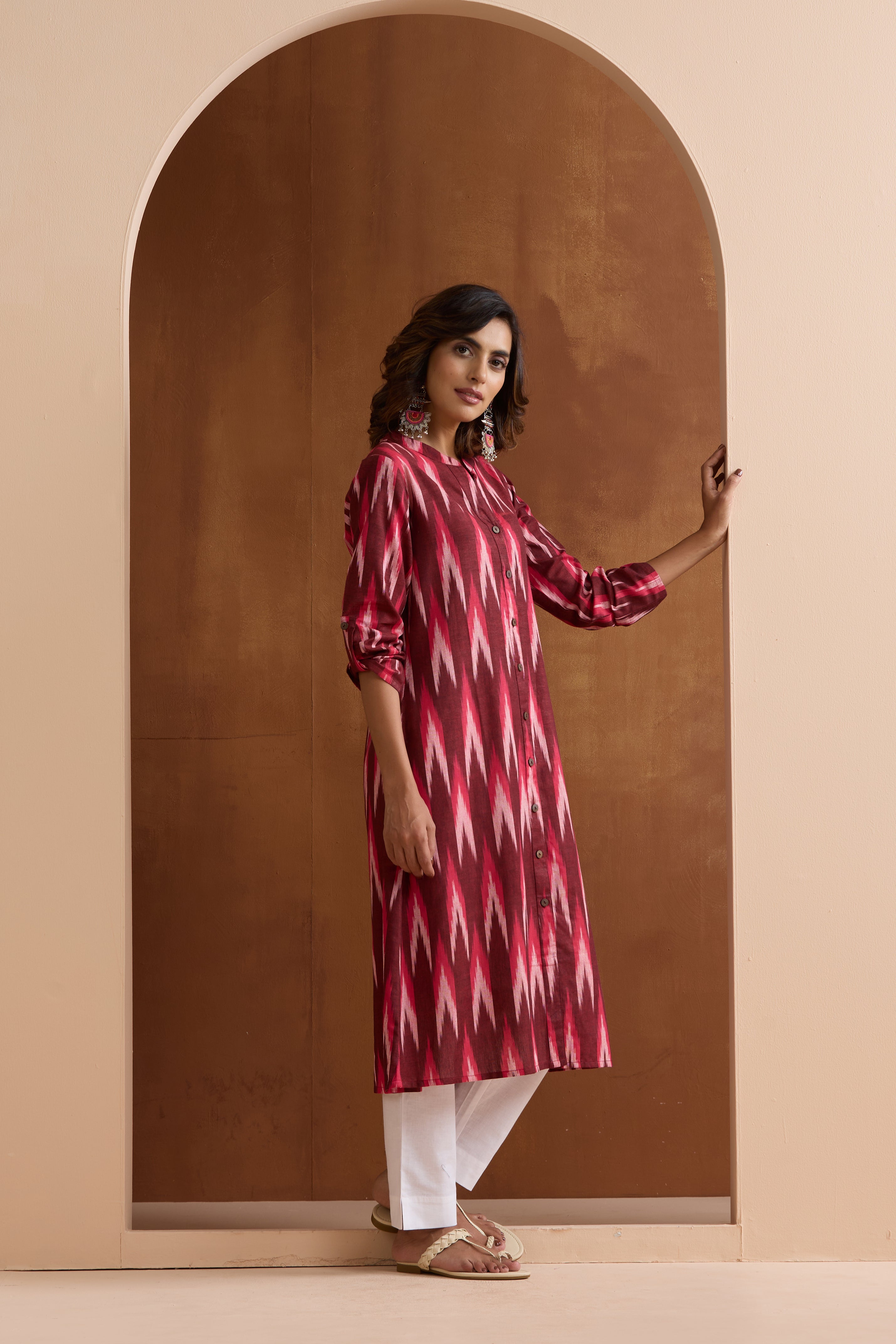 Maroon Meryl Ikat Handloom Cotton Kurta Set of 2