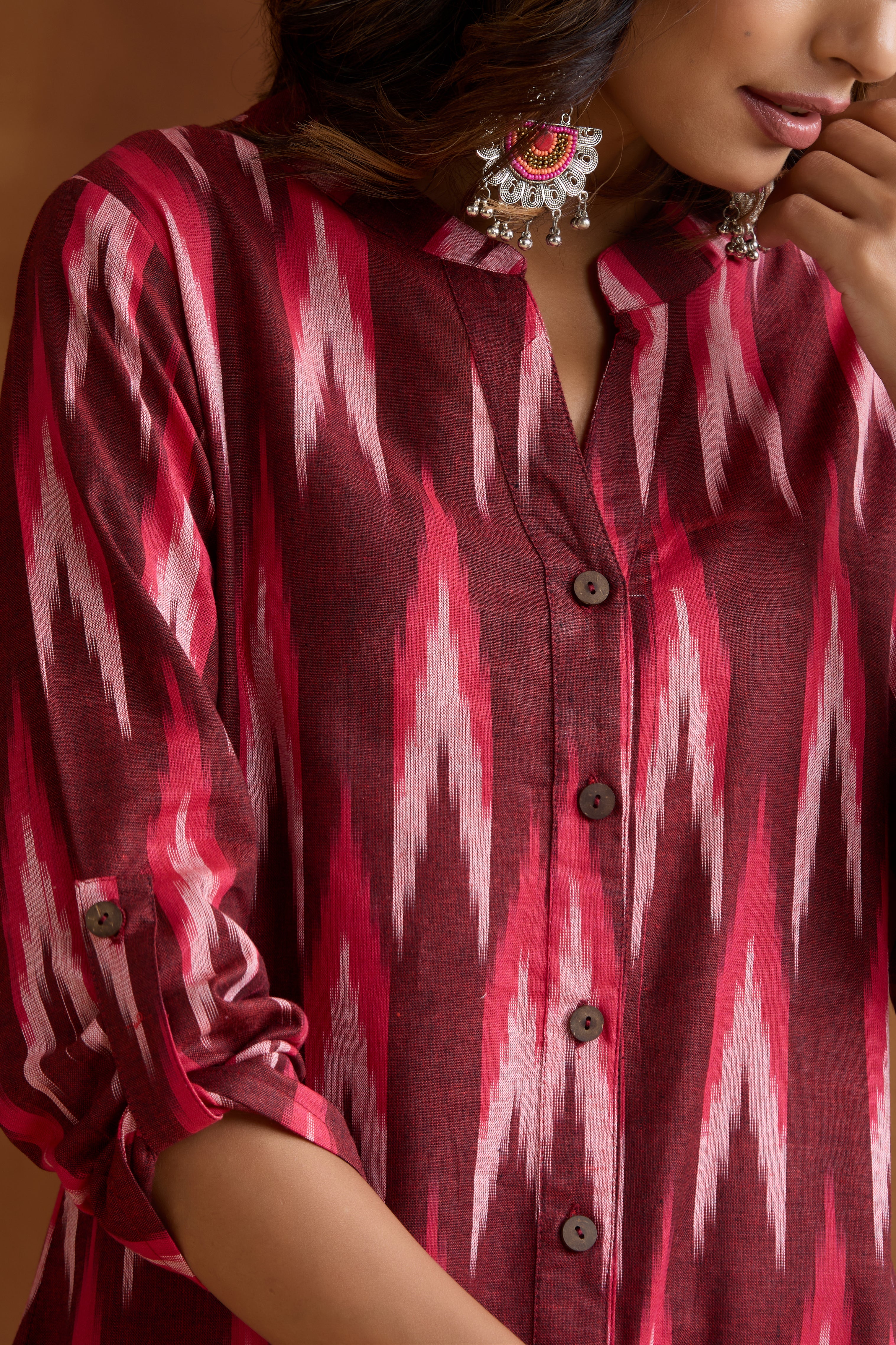 Maroon Meryl Ikat Handloom Cotton Kurta