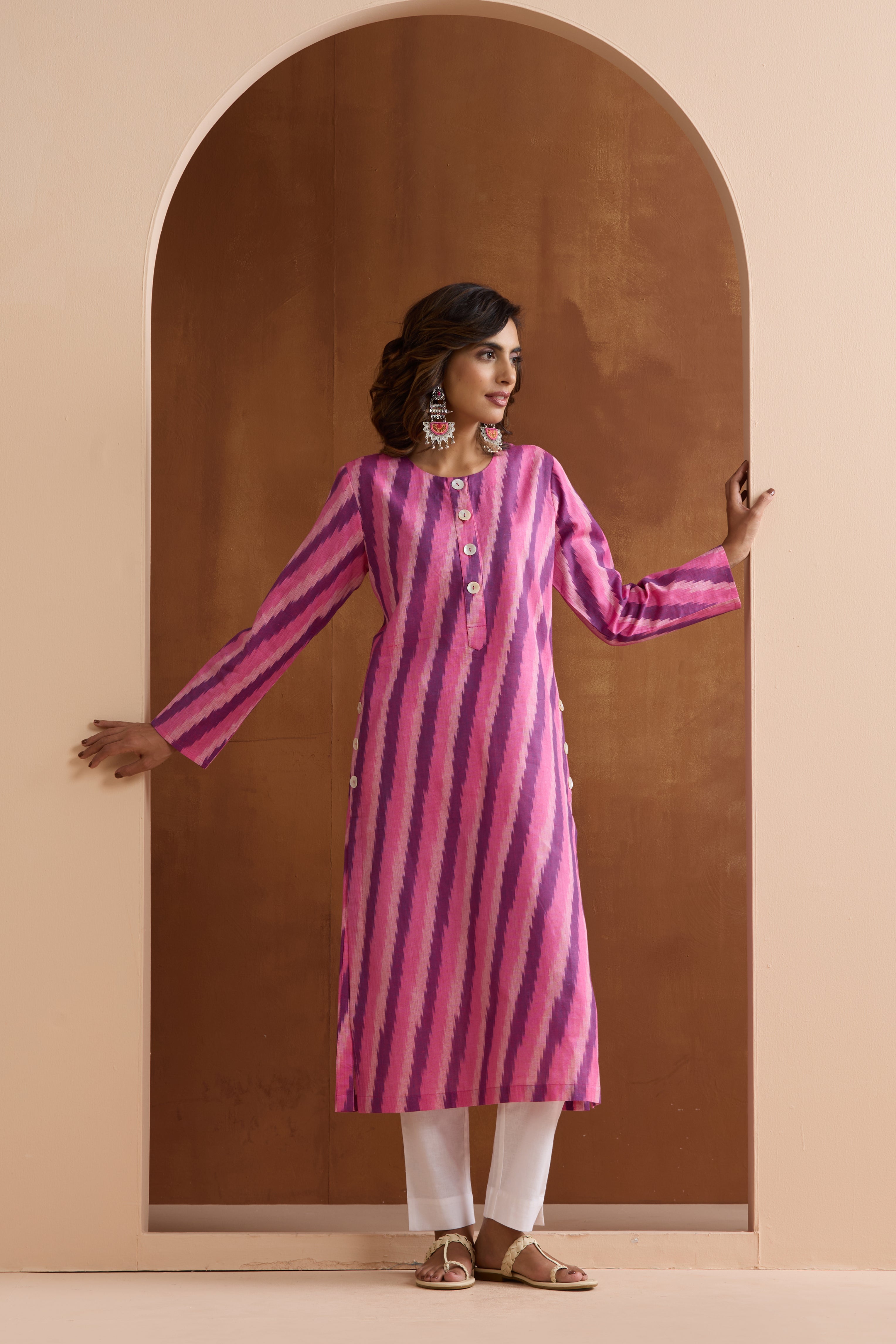 Pink Rosie Ikat Handloom Cotton Kurta Set of 2